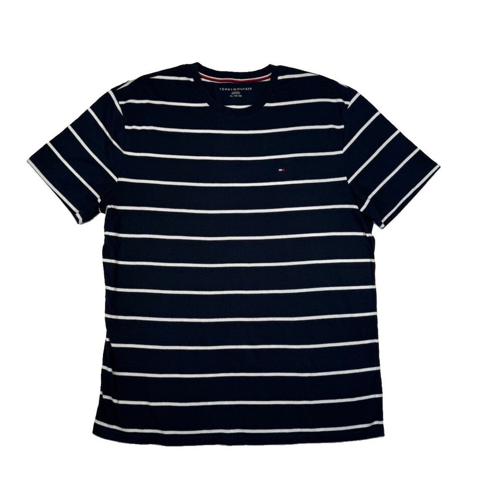 Tommy Hilfiger Men's T-Shirt Navy Blue White Striped Short Sleeve Crew Neck XL